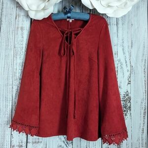 JODIFL Suede Burnt Orange Bell Sleeve Blouse Crochet Trim Detail